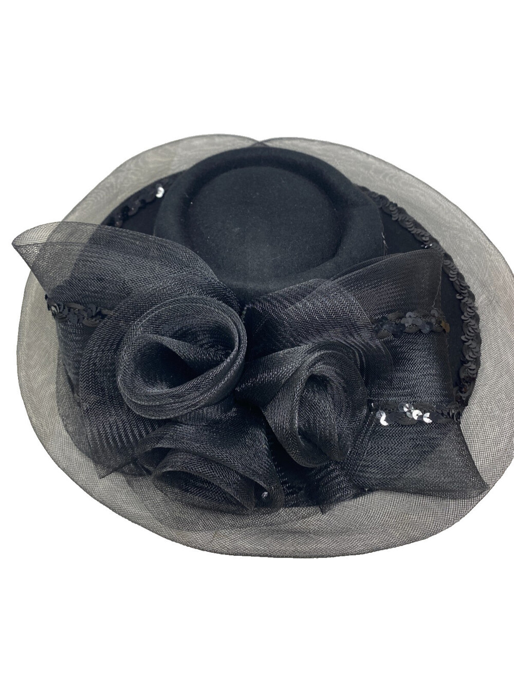 Black Wool Felt Church Hat Womens Size 7 Wide Brim Crinoline Sequin Trim Derby